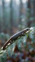 Small brown lizard resting on green fern frond in natural forest habitat with soft bokeh background for wildlife and nature photography projects.