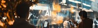 Futuristic technology concept with glowing AI interface and silhouettes of people interacting with digital displays in dark environment with blue lighting.