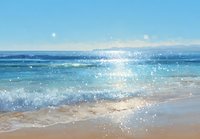 Tranquil ocean scene with gentle waves washing onto sandy beach under clear blue sky, sunlight creating sparkling reflections on water surface.