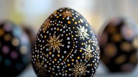 Decorative black Easter egg with golden star pattern and white dots, traditional Slavic pysanka art style, close-up view against blurred background.