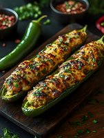 Grilled jalapeno peppers stuffed with melted cheese, topped with fresh herbs and spices on dark wooden board. Spicy appetizer with garnish and sauce bowls.