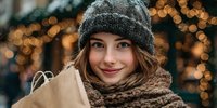 Young woman in winter attire with knit hat and scarf holding shopping bag against blurred holiday lights background.
