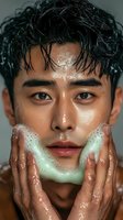 Young Asian man washing face with foam cleanser, close-up portrait showing glowing skin and wet hair in beauty and skincare concept.