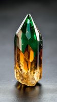 Stunning bi-color crystal point with vibrant green and golden yellow zones displaying natural mineral formations and prismatic facets on dark surface.