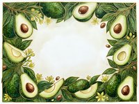 Avocado halves and sliced pieces arranged in a decorative border frame with green leaves and yellow flowers on white background, ready for design use.