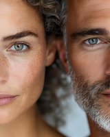 Close-up portrait of young woman with freckles and green eyes next to mature man with gray beard and blue eyes, showing contrasting facial features and ages.