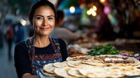 Young woman of South Asian descent wearing a colorful apron, smiling while displaying freshly baked flatbread in a traditional bakery setting with warm bokeh lighting and blurred background crowd.