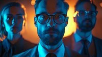 Professional team in modern office illuminated by dramatic blue and orange lighting creating moody corporate atmosphere with confident business people in formal attire.