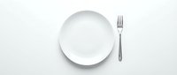 Empty white plate with fork on white background, isolated for restaurant menu design, dining concepts, and food service layouts.