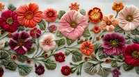 Colorful floral embroidery art featuring dimensional poppies and wildflowers in pink, orange, and burgundy hues with sage green leaves on light background, perfect for craft inspiration.