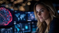 Young blonde female scientist analyzing virus molecular structure on digital screen in modern laboratory with bokeh lights background.