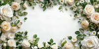 Elegant white roses and eucalyptus leaves create romantic floral frame border on white background, copy space for wedding or celebration design.