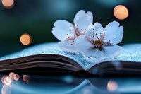 Delicate white flower with red stamens blooming from open book pages, surrounded by soft bokeh lights. Concept for literature, nature, growth, education, and imagination in design projects.