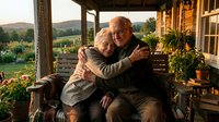 Happy senior Caucasian couple embracing on rustic wooden porch during golden hour sunset, showing love and companionship in retirement years at countryside home.