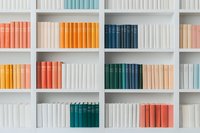 Colorful hardcover books arranged on white wooden shelves creating minimalist pattern. Books in pastel and muted tones form organized aesthetic display.