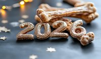 Glittering rose gold numbers 2026 with festive dog bone treats and golden stars on dark background, holiday celebration concept for pet owners and animal lovers.