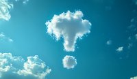 Fluffy white clouds forming exclamation mark shape against vibrant turquoise sky, natural phenomenon creating punctuation symbol for creative communication concepts.