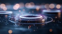 Futuristic glowing circular portal with bokeh lights and reflections on dark surface, suitable for technology and sci-fi backgrounds.