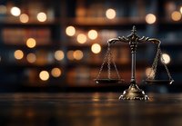 Scales of justice on dark wooden surface with soft bokeh lights in background, symbolizing law, justice and legal proceedings in dramatic lighting.