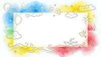 Watercolor frame with clouds, stars, balloons and paper boats in rainbow colors on white background for greeting cards and invitations.