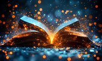 Magical glowing open book with floating orange light particles and sparkles against dark background, mystical literature concept with illuminated pages.