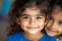 Cheerful South Asian young girl with curly dark hair and bright blue shirt smiling warmly at camera, displaying genuine happiness and innocence in natural lighting.