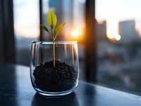 Young plant growing in glass with soil against urban sunset background, symbolizing growth, new beginnings and environmental sustainability in business concept.