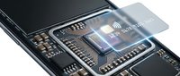 Modern smartphone processor chip with advanced circuitry and electronic components on dark circuit board for technology and mobile device concepts.