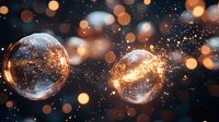 Magical glowing glass spheres with sparkles and golden bokeh lights floating in dark space, creating dreamy atmospheric holiday background.