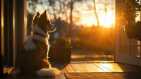 Border Collie dog sitting on wooden porch at sunset, silhouetted against golden sunlight streaming through trees, creating atmospheric warm glow.