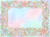 Pastel floral frame with roses, swirls, and stars on soft watercolor rainbow background, perfect for greeting cards and invitations.