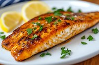 Grilled salmon fillet garnished with fresh herbs and lemon slices on white plate, featuring golden-brown seared surface and moist flaky texture.