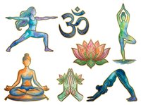 Yoga and meditation poses with om symbol and lotus flower, isolated on white background for wellness design, fitness graphics, and spiritual artwork applications.