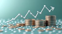 Growing stacks of silver coins with upward trending arrow graph showing financial growth and investment success on turquoise background with bokeh effect.