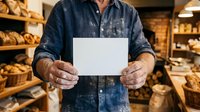 Male baker with weathered hands holding blank white card in artisan bakery shop with fresh bread loaves on wooden shelves behind, suitable for business messaging and promotional content.