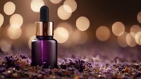 Purple glass dropper bottle with essential oil on floral background against warm bokeh lights creating luxurious spa atmosphere for beauty and wellness advertising.