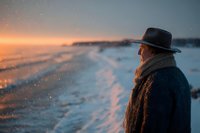 Man in winter coat and hat watching sunset over snowy mountain landscape with falling snow creating peaceful contemplative winter scene.