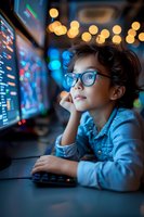 Young boy in glasses looking at computer screens with stock market data, illuminated by blue light and bokeh effects in dark office environment.