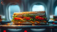 Fresh club sandwich with crispy bacon, lettuce, tomato and cheese layers on toasted bread, served on plate against blurred airplane window background.