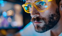 Close up portrait of bearded man in yellow glasses illuminated by blue light, looking at screen with focused expression against blurred bokeh background.