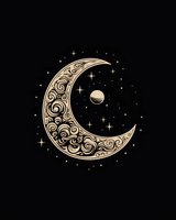 Ornate crescent moon with swirling patterns and stars against black background. Celestial design features decorative scrollwork and planet element for mystical appeal.