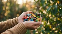 Hands holding colorful paper hearts in cupped palms with warm sunlight and green foliage background for charity and kindness concepts.