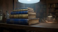 Stack of antique leather-bound books on wooden table under warm lamp light in library setting, suitable for education, literature, knowledge, and academic design projects.