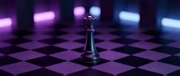 Black king chess piece stands alone on checkered board with vibrant purple and blue neon lights creating dramatic atmosphere for strategic business concepts.