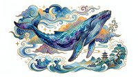 Whale swimming through swirling clouds and waves in whimsical artistic style with stars and decorative elements, isolated on white background for design projects.