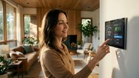Young woman adjusting smart home thermostat in modern living room with wooden ceiling and natural lighting for energy efficiency and comfort control.