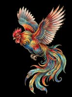 Colorful ornate rooster with spread wings and flowing tail feathers, isolated on transparent background, ready for t-shirts, stickers, and print on demand.