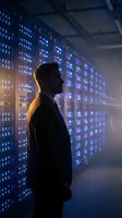 Male IT professional silhouette standing in modern data center with glowing blue server racks and atmospheric lighting for technology concepts.