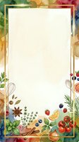 Watercolor culinary frame with fresh produce, herbs, spices and kitchen utensils on cream background. Isolated design ready for recipe cards, menus, invitations and cooking-related projects.