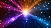 Vibrant starburst with colorful light rays spreading across dark space background, featuring pink, orange and blue glowing beams with sparkling particles.